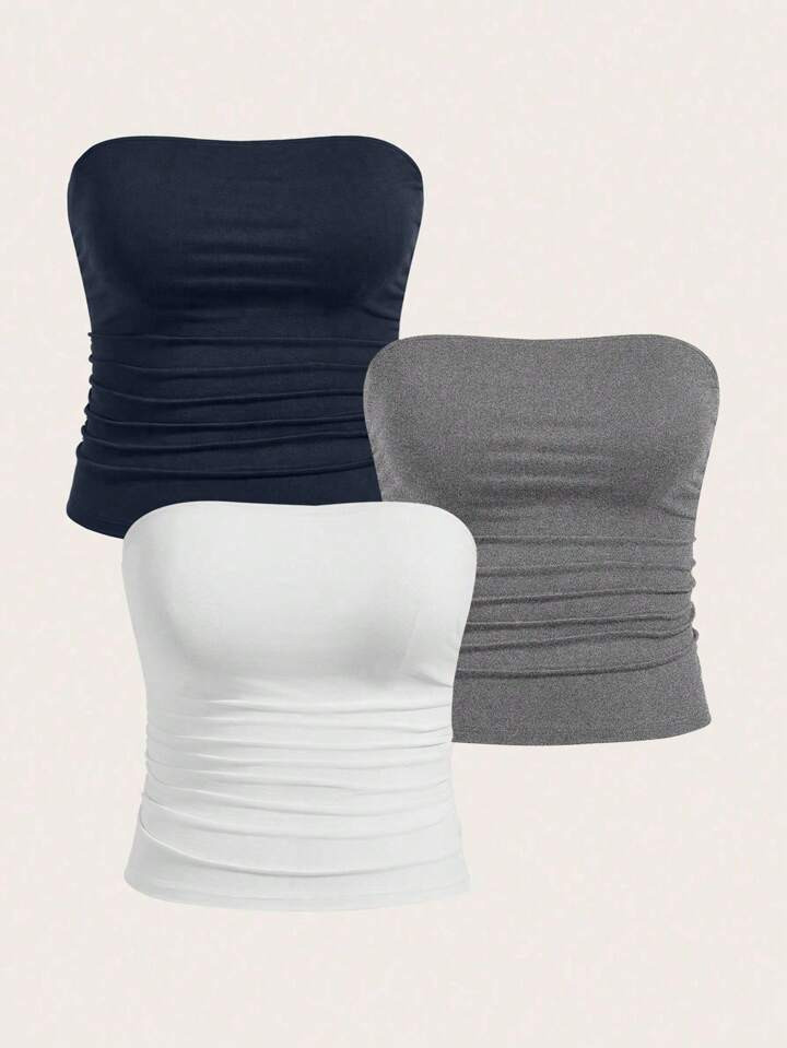 Calvaya Plus Size Women Solid Color Ruched Bustier Crop Top, Fitted Fashion Top | SHEIN