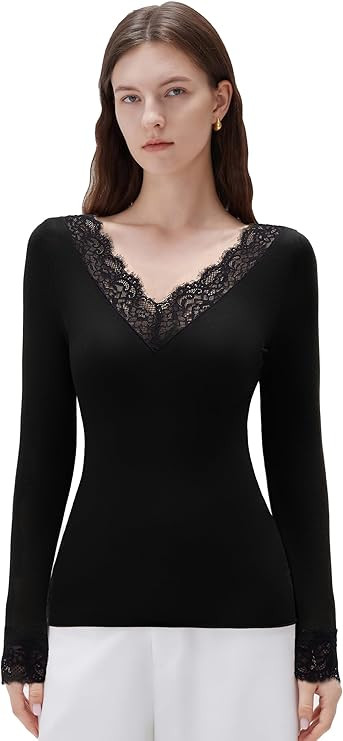 SUUKSESS Cloud Cashmere Women Basic Tops V Neck Boat Neck Lace Long Sleeve Shirt | Amazon (US)