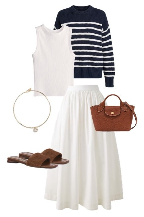 Preppy summer outfit 
Nautical outfit
Navy and white striped sweater 
White maxi skirt 
Mini longchamp bag
White midi skirt

#LTKSeasonal #LTKSaleAlert