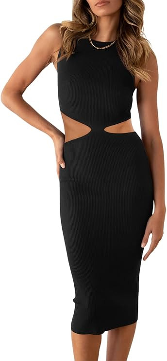 ANRABESS Women's Summer Sleeveless Bodycon Midi Dress Sexy Crew Neck Slit Side Knit Cutout Dresse... | Amazon (US)