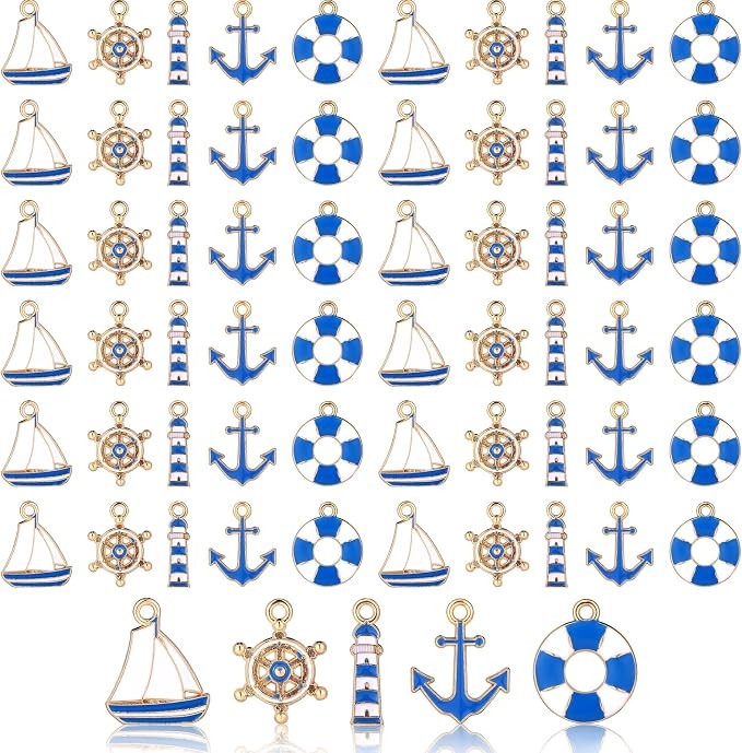 Kajaia 60 Pcs Nautical Charms for Jewelry Making – Sailboat Rudder Lighthouse Anchor Lifebuoy, ... | Amazon (US)