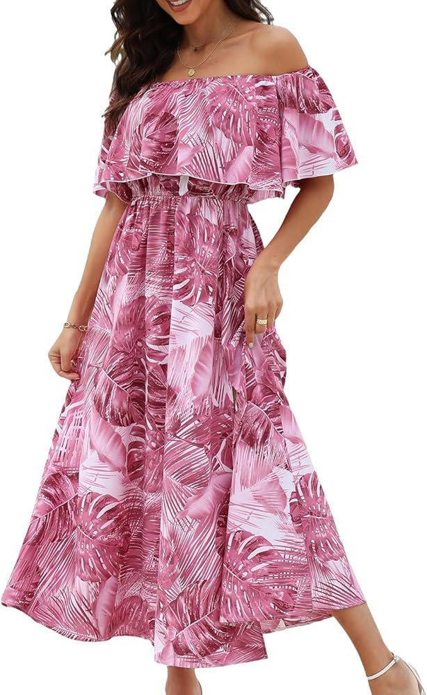 CUPSHE Women Ruffle Floral Maxi Summer Dress Off Shoulder Short Sleeve Backless Flounce Bodice Sl... | Amazon (US)