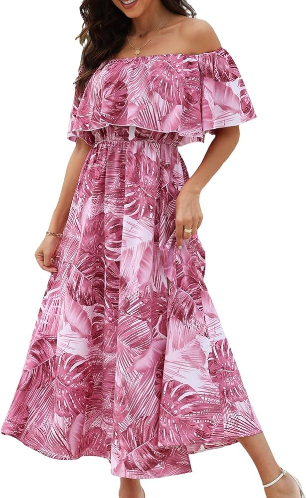 CUPSHE Women's Off The Neck Short Sleeve Tropical Printed A Line Maxi Dress Pink, S at Amazon Wom... | Amazon (US)