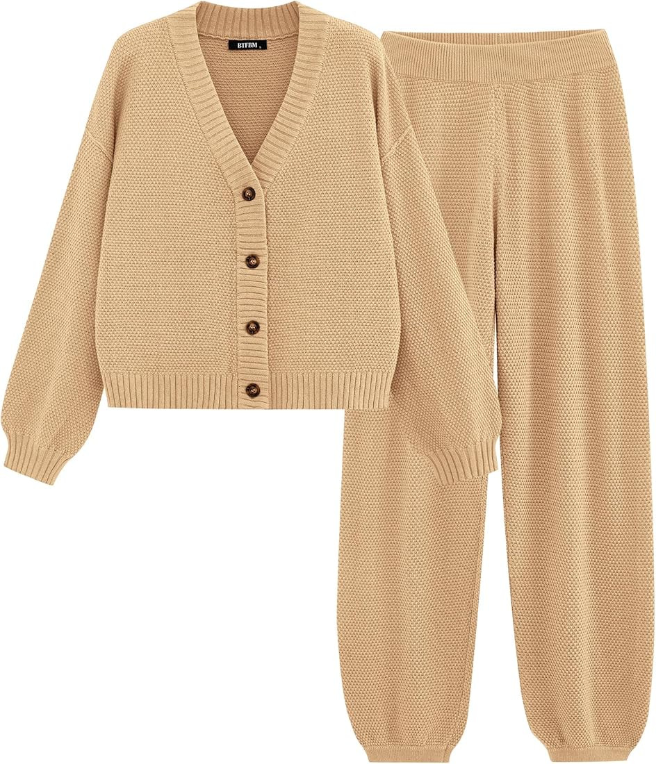 BTFBM Women 2 piece Outfits Fall Knit Sweater Sets Loose Casual Button Down Cardigan Long Pants M... | Amazon (US)