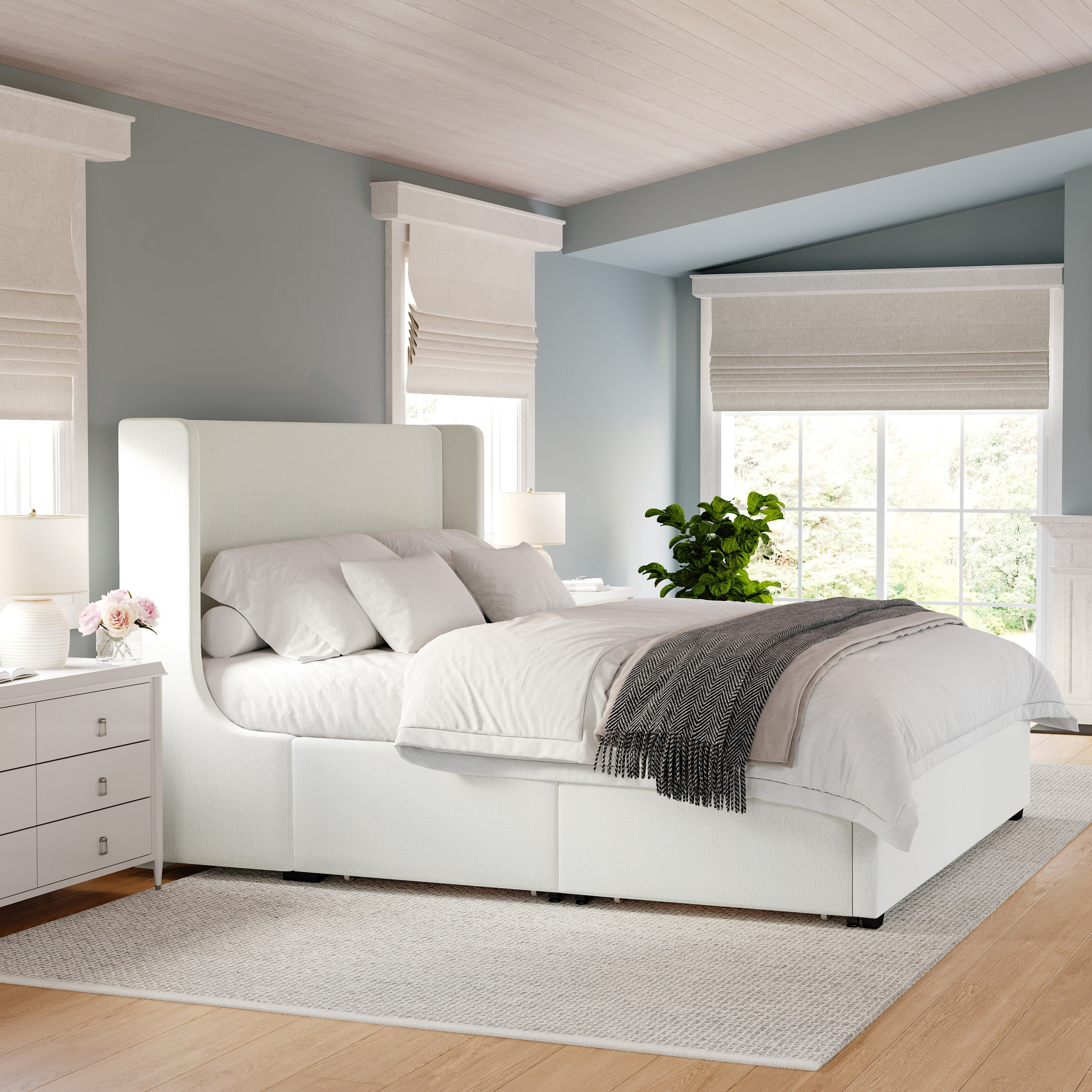 Martha Stewart Kian King Upholstered Platform Bed with Wingback Headboard and 4 Side Storage Drawers- Wood Slat Foundation- No Box Spring Needed | Lowe's