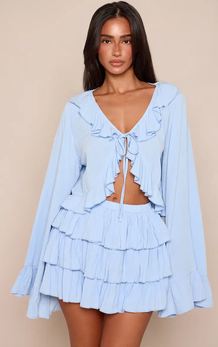 Petite Baby Blue Cheesecloth Ruffle Tie Front Long Sleeve Top Co-ord | PrettyLittleThing UK
