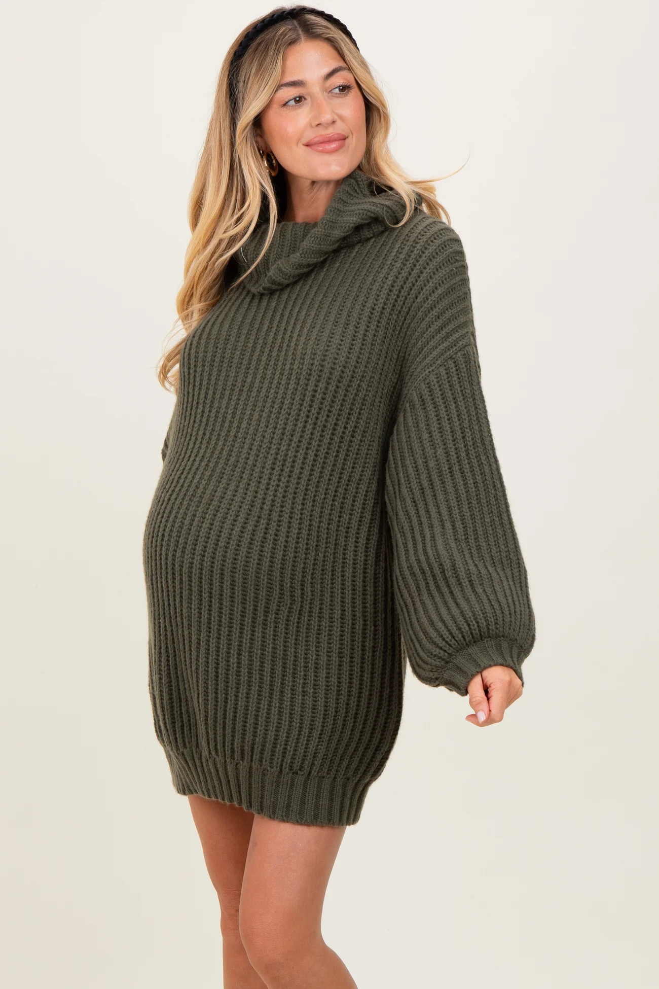 Olive Turtleneck Puff Sleeve Maternity Sweater Dress | PinkBlush Maternity