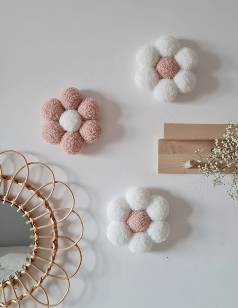 Daisy Pompom pink wall decor, Daisies baby shower, Pink girl nursery, Shelf decor | Etsy (US)