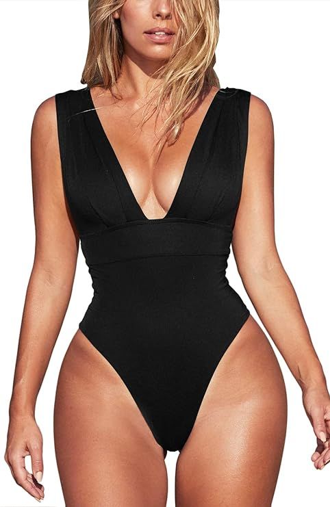 ESONLAR Women's Sexy Deep V Neckline Swimsuit Wide Shoulder Straps Tummy Control High Cut One Pie... | Amazon (US)