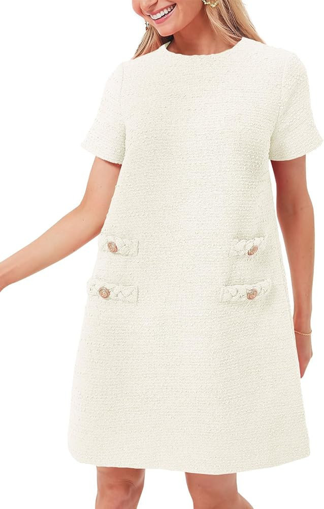 Wenrine Womens Tweed Mini Dress Short Sleeve Crew Neck Work Office Elegant Formal Summer A Line D... | Amazon (US)