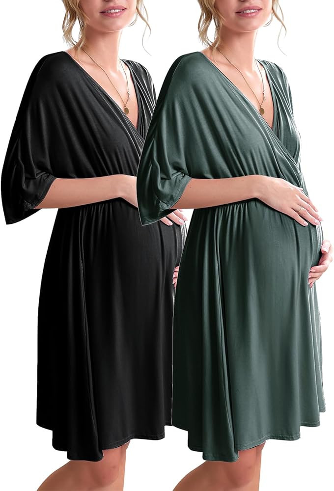 Ekouaer 3 in 1 Labor/Delivery/Hospital Gown 2 Pack Maternity Dress Nursing Nightgown Sleepwear | Amazon (US)