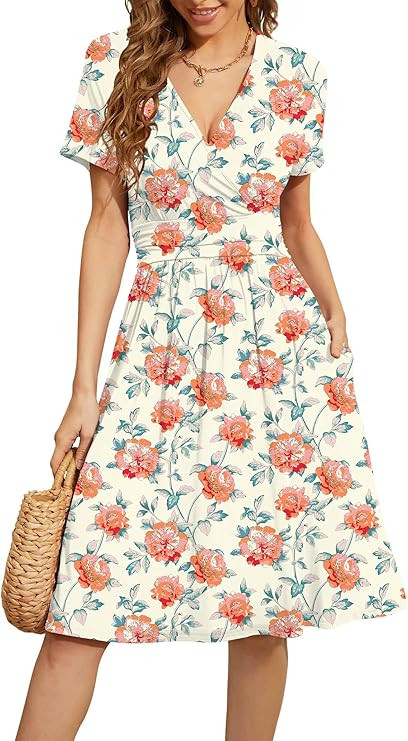 WEACZZY Women's Summer Short Sleeve Casual Dresses V-Neck Floral Party Dress with Pockets | Amazon (US)