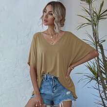 Solid V-neck Batwing Sleeve Slouchy Tee | SHEIN