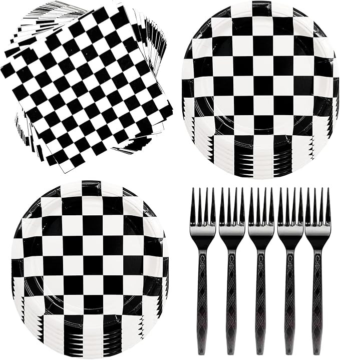 60Pcs Race Car Black and White Checkered Party Supplies Racing Tableware Set 7"Black and White Ch... | Amazon (US)