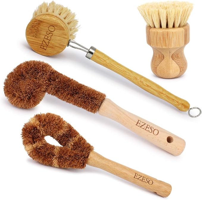 Natural Kitchen Brush Bamboo Dish Scrub Brush, Ezeso Cleaning Brush Set 4 Piece, Wooden Pot Clean... | Amazon (US)