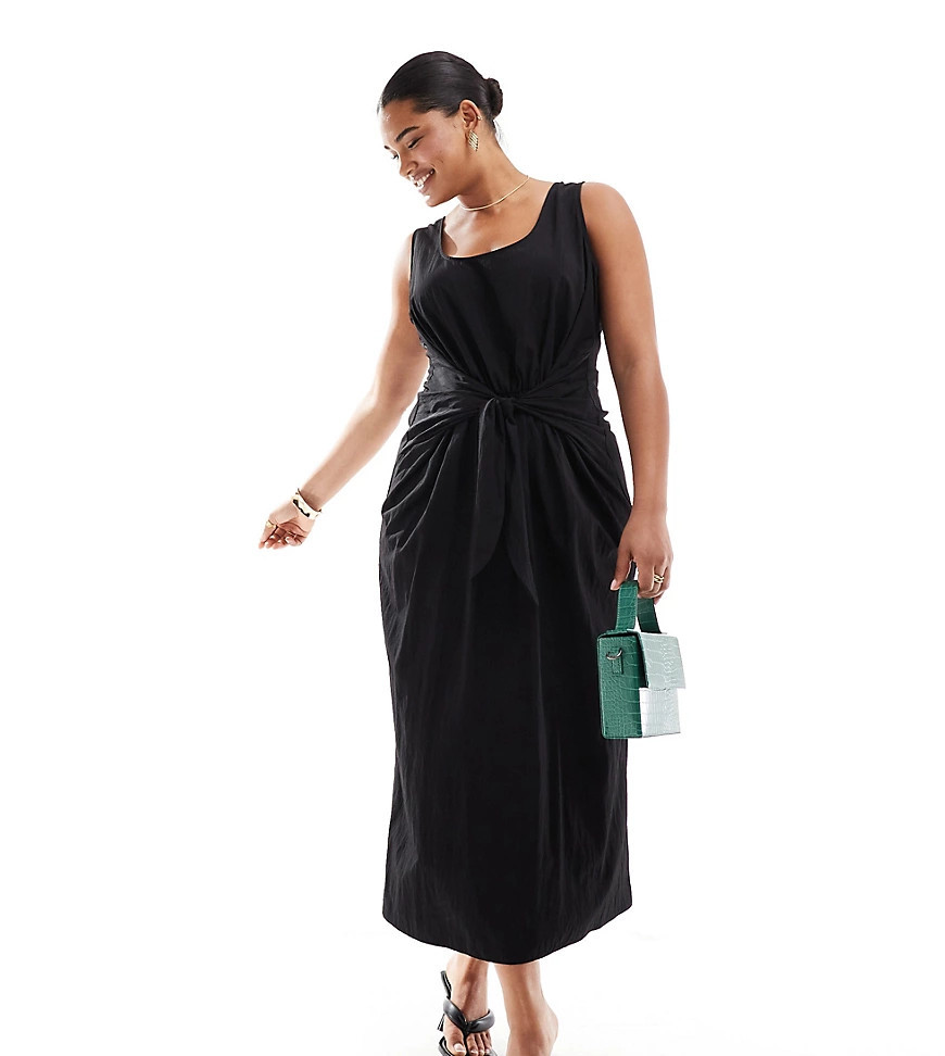 ASOS DESIGN Curve scoop neck tie front midi dress-Black | ASOS (Global)