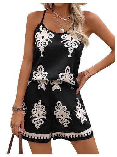 GORGLITTER Women's Two Piece Summer Vacation Outfits Boho Graphic Cami Top Wide Leg Shorts Sets Black Medium | Amazon (US)
