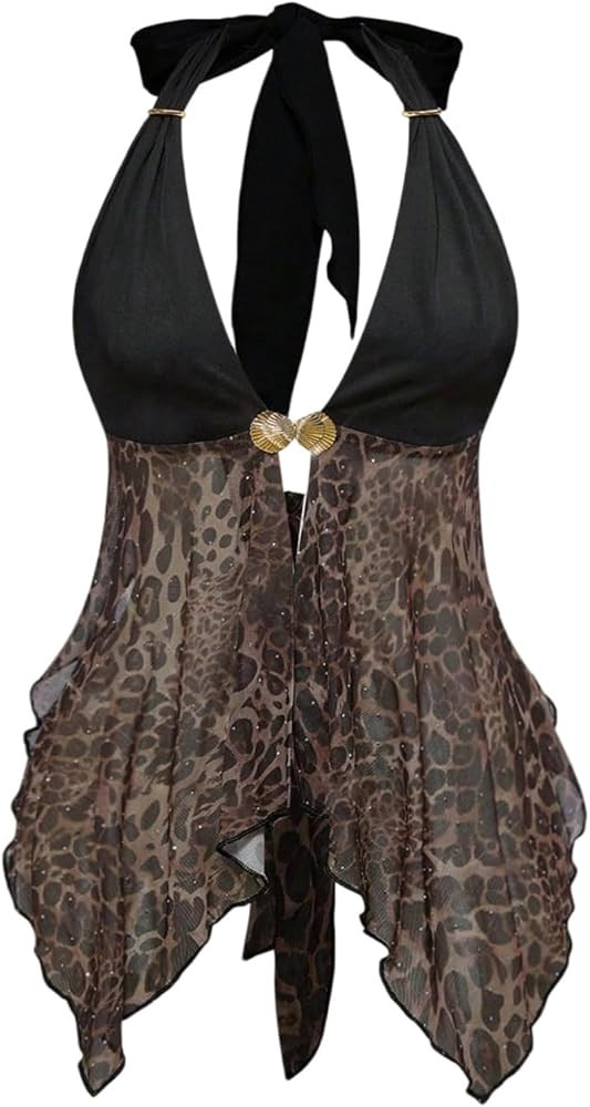 SweatyRocks Women's Leopard Mesh Halter Tops Y2K Sparkly Asymmetrical Flowy Going Out Top | Amazon (US)