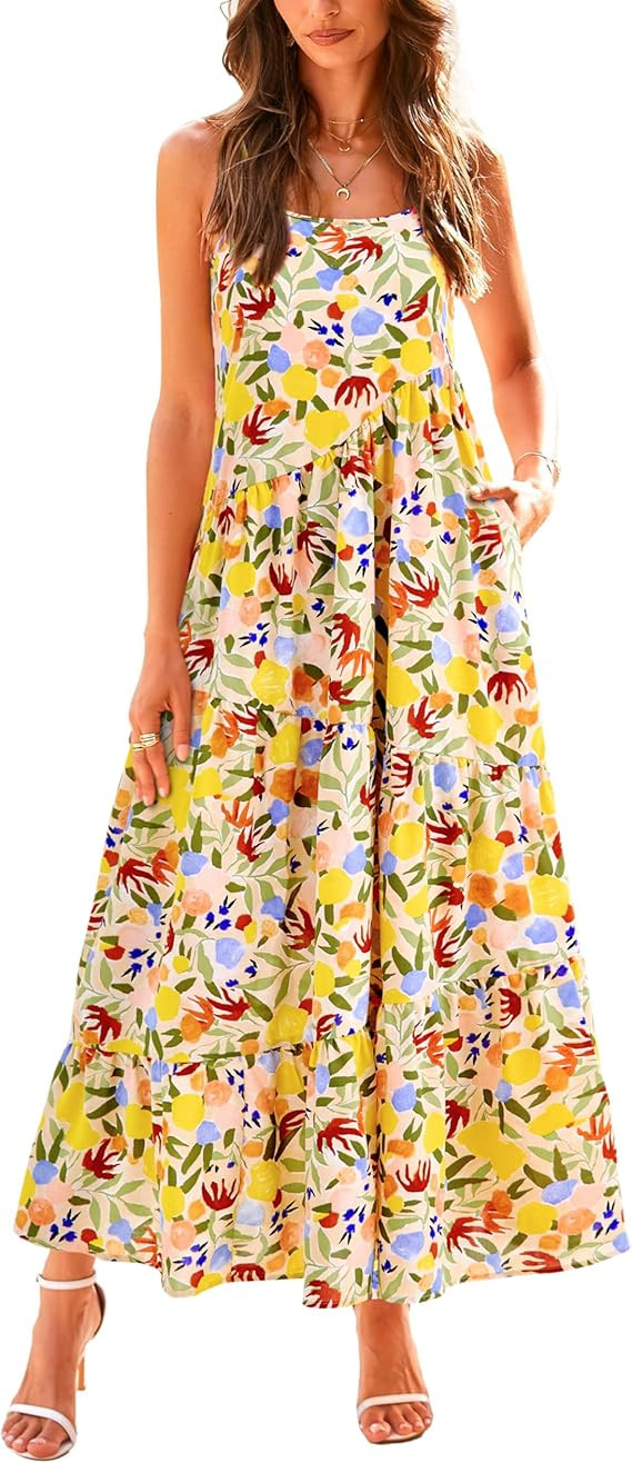 WICIWI Women's Summer Dresses 2024 Spaghetti Straps Sleeveless Backless Flowy Loose Boho Floral P... | Amazon (US)