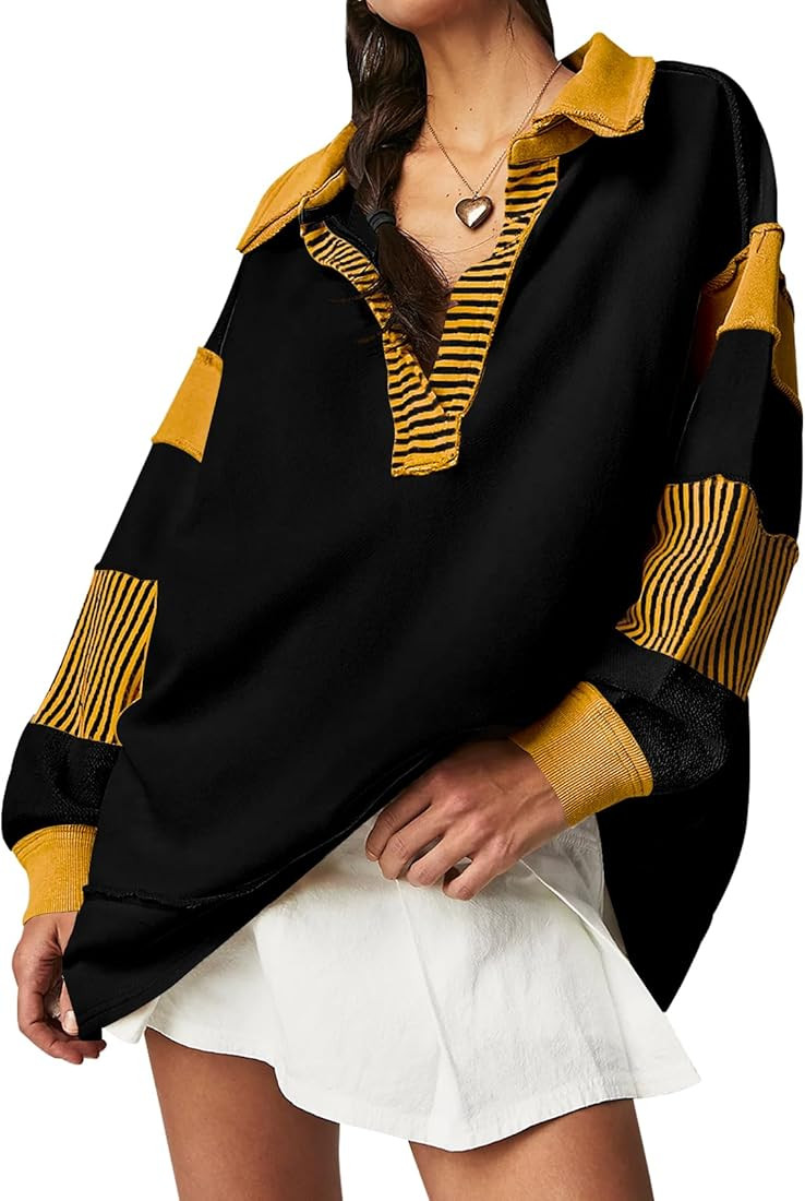 Ugerlov Women's Oversized Sweatshirt Lapel Collared V Neck Polo Shirts Pullover Color Block Strip... | Amazon (US)