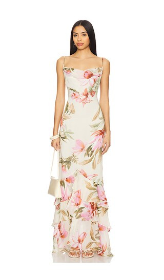 Cowl High Low Maxi Dress in Cream Pink Multi | Revolve Clothing (Global)