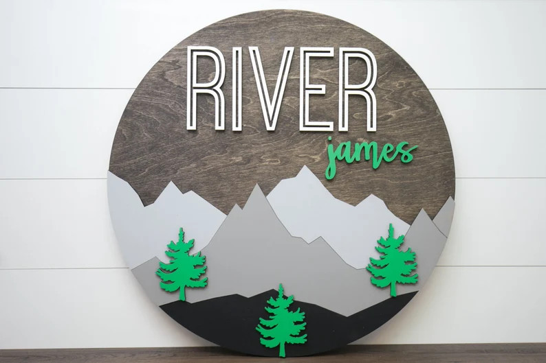 Mountain and trees wood nursery name sign 24", name sign for nursery boy, above crib sign  baby s... | Etsy (US)