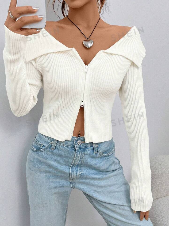 SHEIN EZwear Foldover Collar Ribbed Knit Cardigan | SHEIN