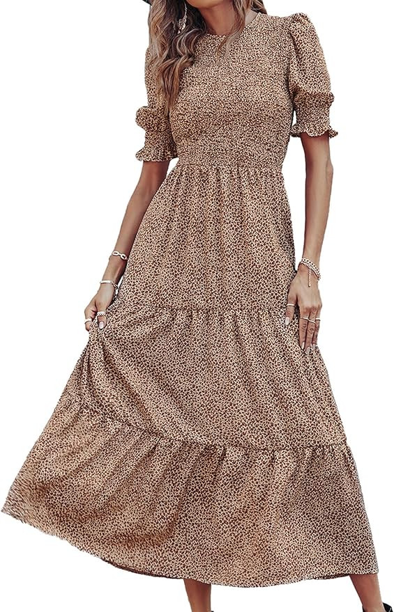 BTFBM Women Casual Summer Dresses 2025 Spring Crew Neck Ruffle Short Sleeve Floral Print Smocked ... | Amazon (US)