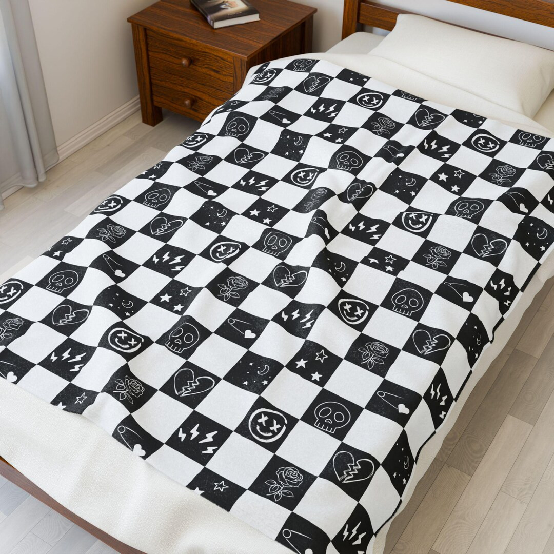 Punk Doodle Checkerboard Blanket | Pop Punk Throw | Emo Room Decor | Cozy Grunge Aesthetic | Etsy (US)