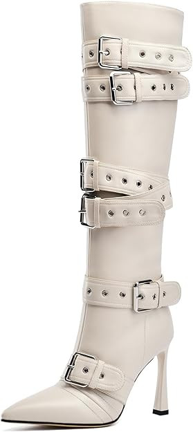 GOSERCE Black White Knee High Boots for Women Sexy Pointed Toe Buckle Rivets Tall Stiletto Boot F... | Amazon (US)