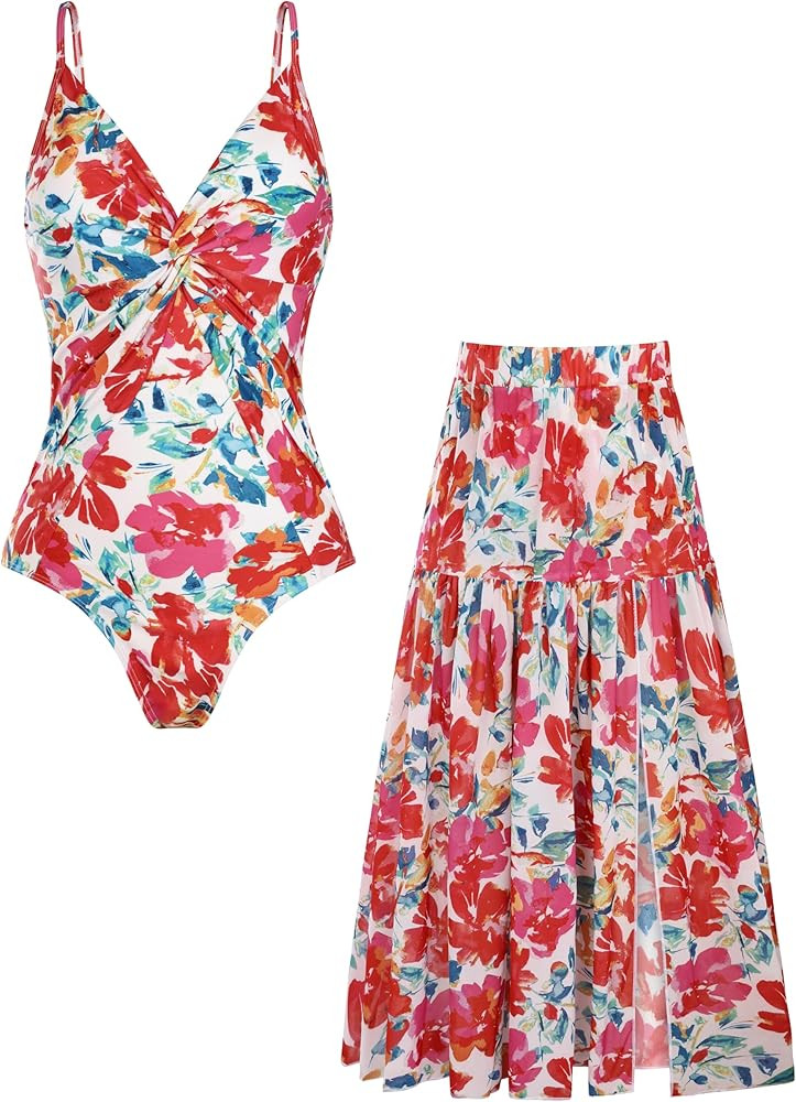 GRACE KARIN Women's One Piece Swimsuits with Cover Up Skirt Tummy Control V Neck Bathing Suits | Amazon (US)