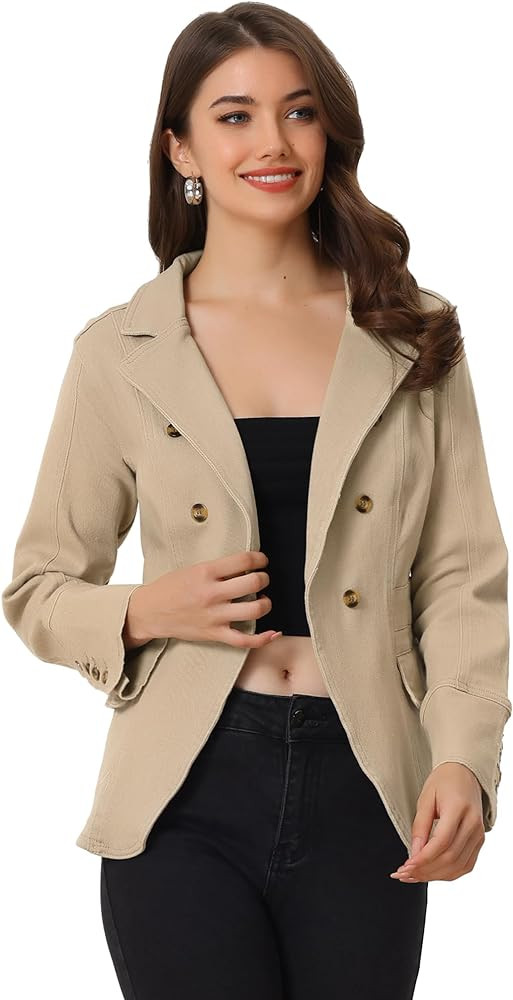 Allegra K Women's Jean Jacket Button Down Notched Lapel Long Sleeve Work Office Denim Blazer Jack... | Amazon (US)