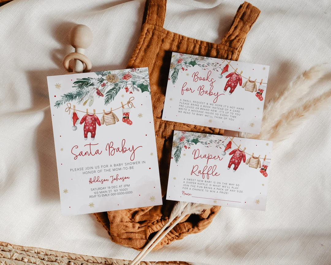Santa Baby Shower Invite Set, Santa Baby Clothes Invite, Christmas Baby Shower Invitation, Santa ... | Etsy (US)