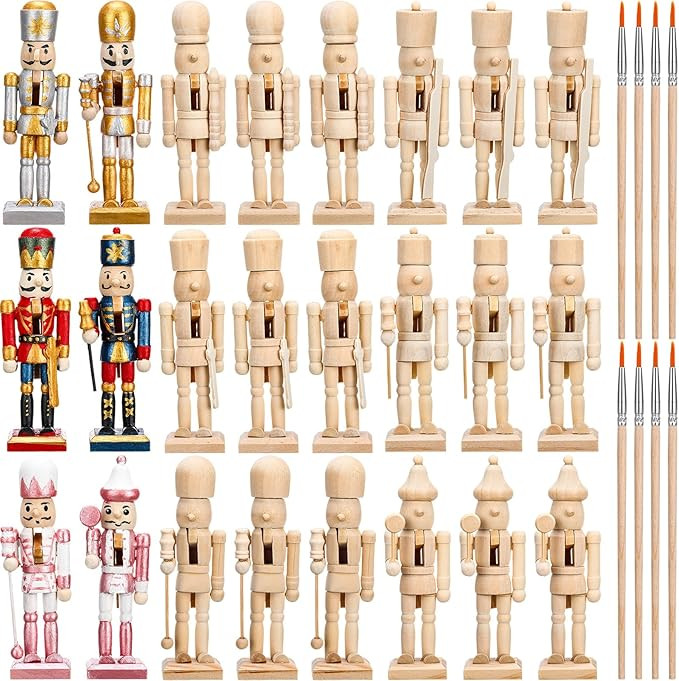 Yunsailing 56 Pcs Christmas Nutcracker Craft Kit Includes 24 Wooden Nutcrackers Unpainted 24 Whit... | Amazon (US)
