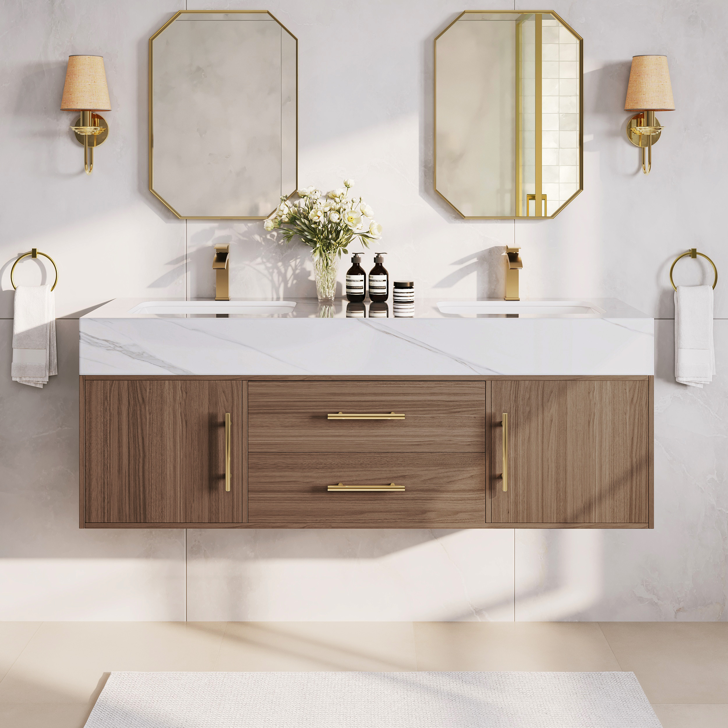 59"" Double Sink Bathroom Vanity with Gold Handles – Walnut Modern Floating Vanity | Homary