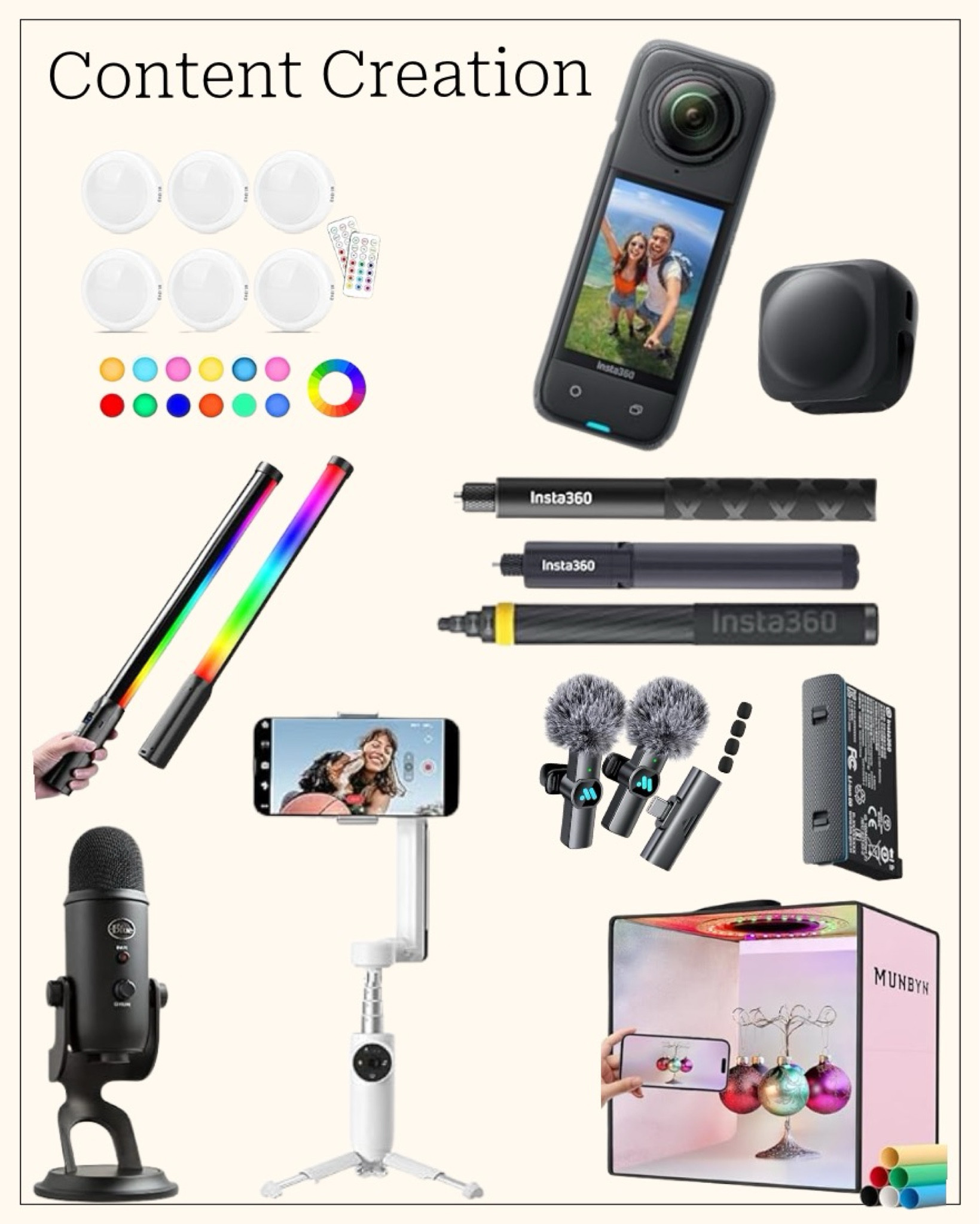 Right here is everything you need to create a variety of great content and record all your travel adventures to keep your audience engaged. 
The Blue Mic is great for podcasts and voiceovers, while the livelier mics are great for vlogs. 
The Insta360 Flow is a great gimbal, with a user-friendly interface and can be used with apps such as TikTok and YouTube to produce live content. 
The most interesting and fun piece of equipment featured here is the Insta360 X4 camera that films in 360 degrees and gives you creative options no other cameras provide. 

#LTKActive #LTKGiftGuide #LTKTravel