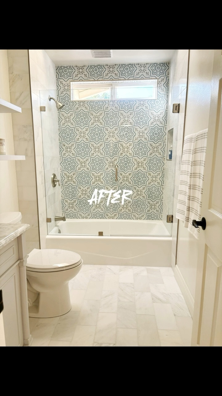 Before and after of a bathroom makeover I did recently with new tile, vanity, shelves and decor.  ✨

#LTKhome