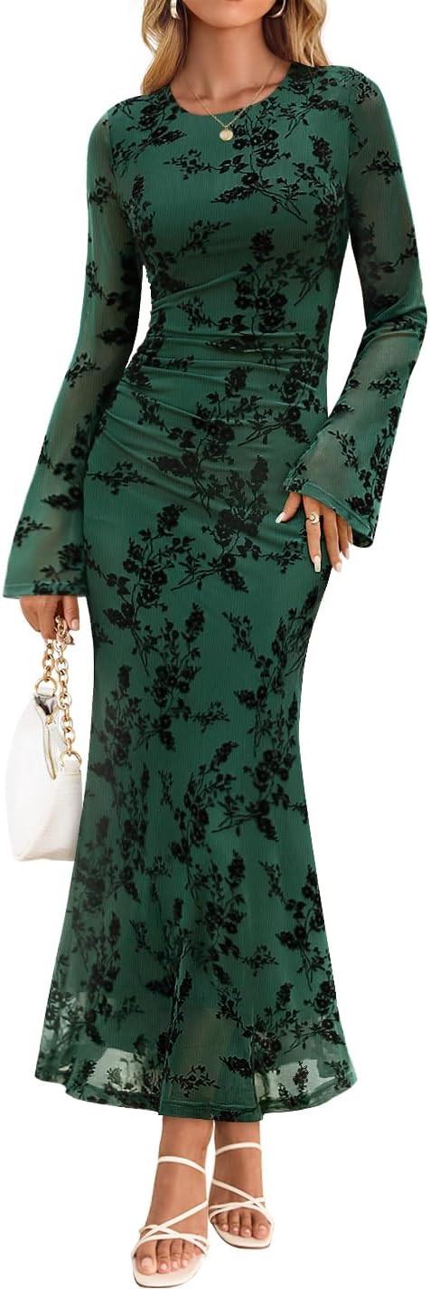 ZESICA Women's Long Sleeve Floral Bodycon Dress 2025 Fall Fashion Ruched Mesh Wedding Guest Cockt... | Amazon (US)