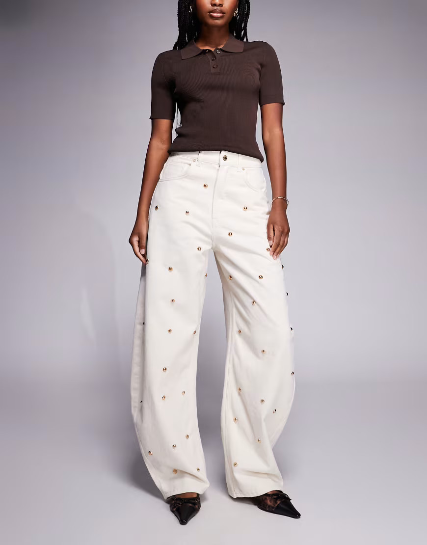 ASOS DESIGN barrel jeans with gold tone dome buttons in white | ASOS (Global)