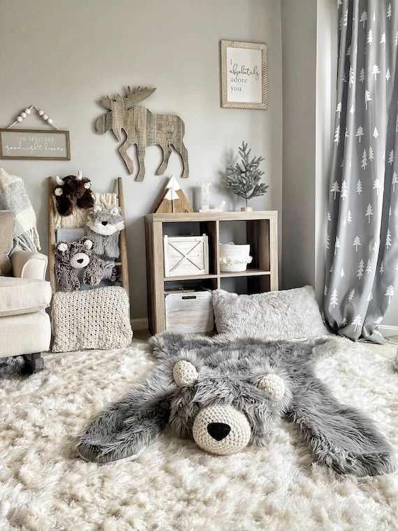 Nursery Rug / Regular size Gray Grizzly Bear Rug / camping room, plush animal playmat  / ClaraLoo | Etsy (US)