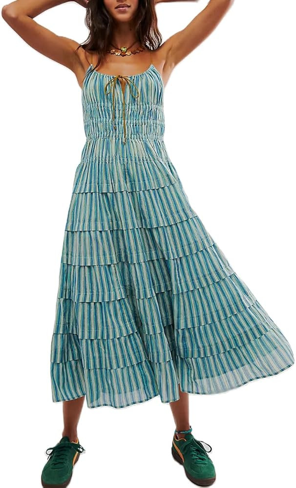 Women Boho Tie Shoulder Maxi Dress Y2k Flowy Tiered Long Dress Summer Going Out Smocked Colorful ... | Amazon (US)