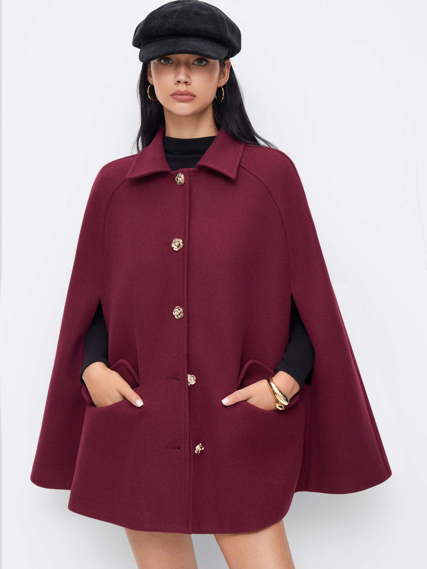 Wool-like fabrics Wool-look Collar Metal Detail Batwing Sleeve Oversized Coat For Daily Casual | Cider