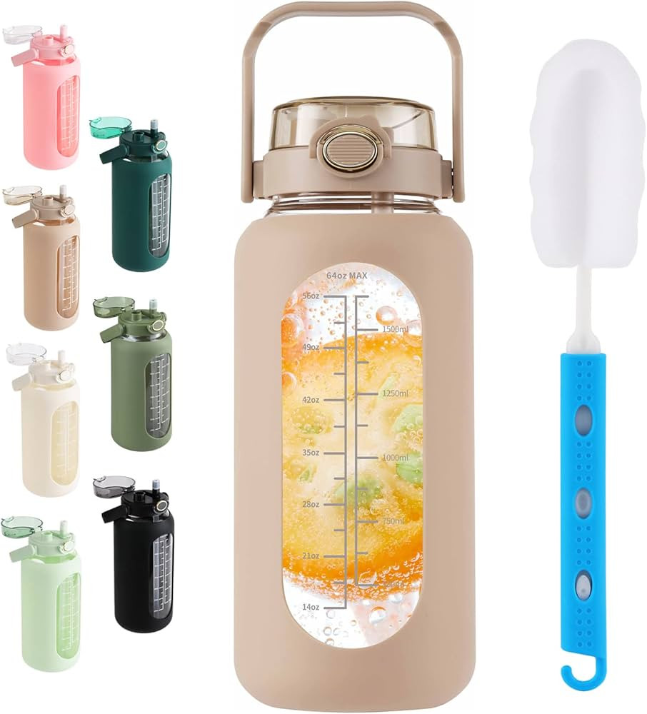 64oz Glass Water Bottle with Straw Lid Half Gallon Motivational Bottle with Handle and Silicone S... | Amazon (US)