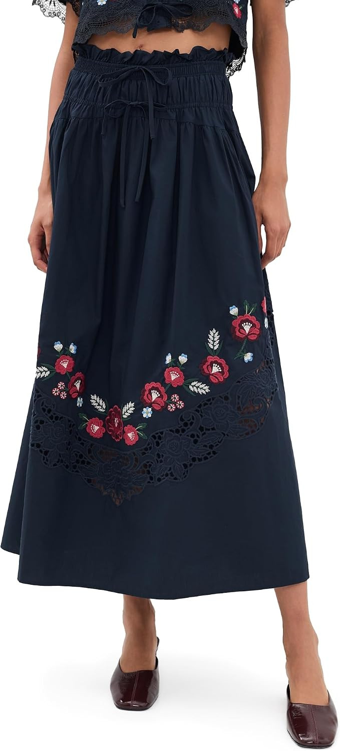 MOON RIVER Women's Embroidered Floral Elasticated Midi Skirt | Amazon (US)