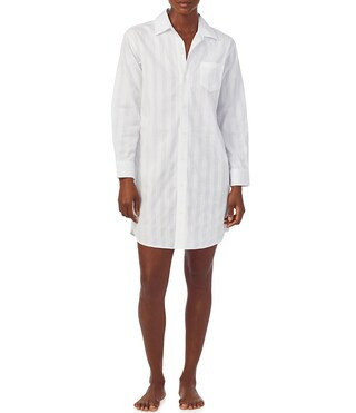Long Sleeve Notch Collar Button-Front Woven Shadow Stripe Nightshirt | Dillard's
