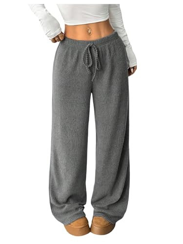 OYOANGLE Women's Ribbed Knit Drawstring Waist Straight Leg Pants Comfy Lounge Trousers Grey X-Small | Amazon (US)