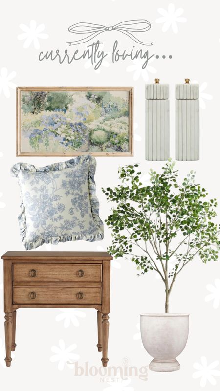 Currently loving…

Marble salt & pepper shakers
XL olive tree 
Frame tv art 
Magnolia nightstands 
Toile pillow cover 

Anthropologie pottery barn Etsy urban outfitters THEBLOOMINGNEST 

#LTKsalealert #LTKhome