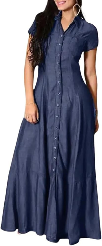 Womens Short Sleeve Denim Maxi Dress Casual Loose Fit Button Down Long Jean Dresses | Amazon (US)