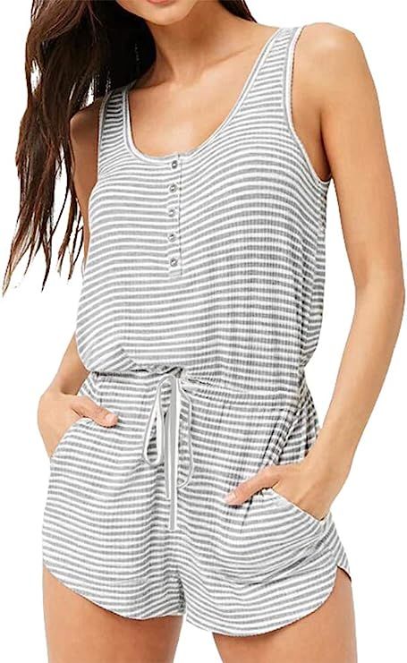 Artfish Women Sleeveless Buttons Lounge Pajamas Rompers Striped Shorts Jumpsuit with Pockets | Amazon (US)