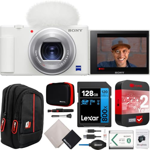 Sony ZV-1 Compact Digital Vlogging 4K HDR Video Camera for Content Creators & Vloggers White DCZV1/W Bundle with CPS 2 YR Extended Protection Pack + Deco Gear Case + 128GB Card & Accessories Kit | Amazon (US)